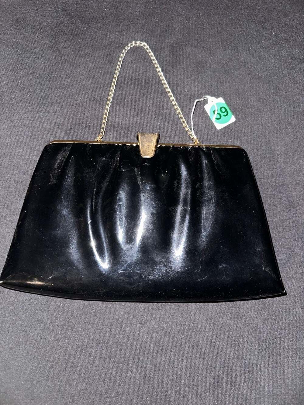 No.59 Vintage Andi Black Patent Pleated Evening Clutch with Gold Tone Chain